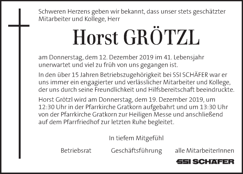  Traueranzeige für Horst Grötzl vom 19.12.2019 aus Kleine Zeitung