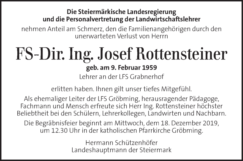  Traueranzeige für Josef Rottensteiner vom 17.12.2019 aus Kleine Zeitung