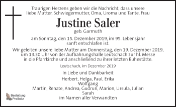 Traueranzeige von Justine Saler von Kleine Zeitung