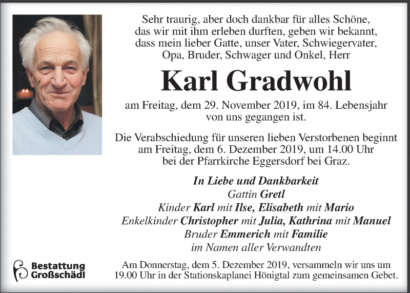  Traueranzeige für Karl Gradwohl vom 03.12.2019 aus Kleine Zeitung