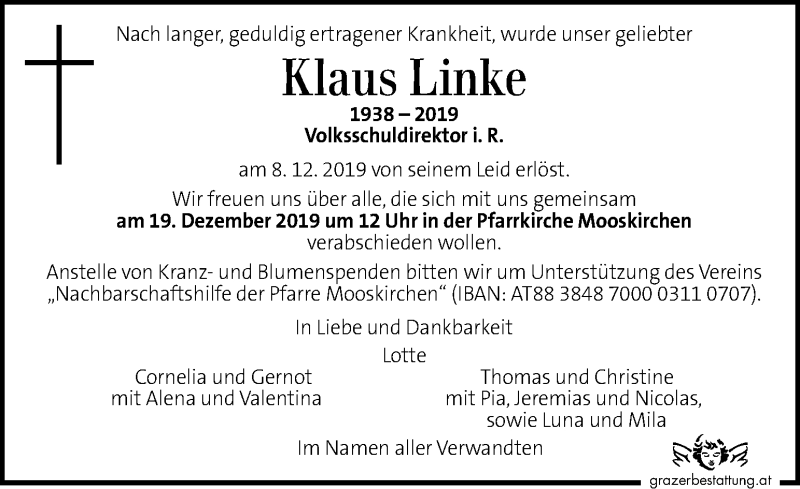  Traueranzeige für Klaus Linke vom 17.12.2019 aus Kleine Zeitung