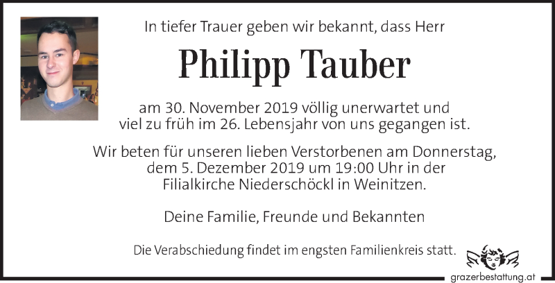  Traueranzeige für Philipp Tauber vom 05.12.2019 aus Kleine Zeitung