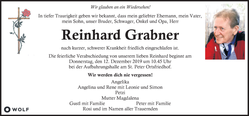  Traueranzeige für Reinhard Grabner vom 10.12.2019 aus Kleine Zeitung