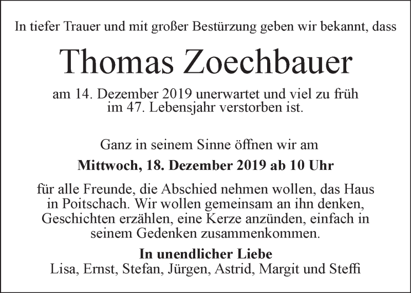  Traueranzeige für Thomas Zoechbauer vom 17.12.2019 aus Kleine Zeitung