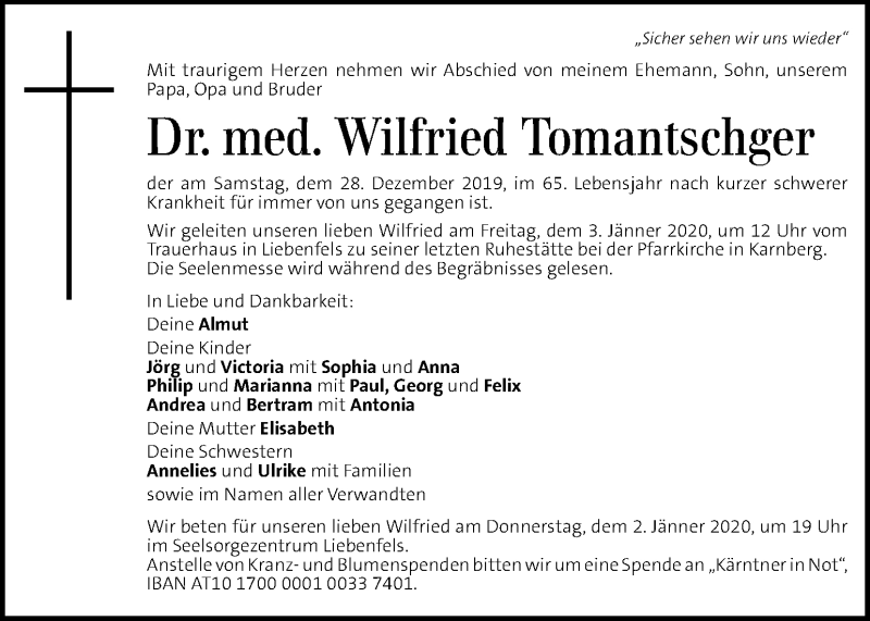  Traueranzeige für Wilfried Tomantschger vom 31.12.2019 aus Kleine Zeitung