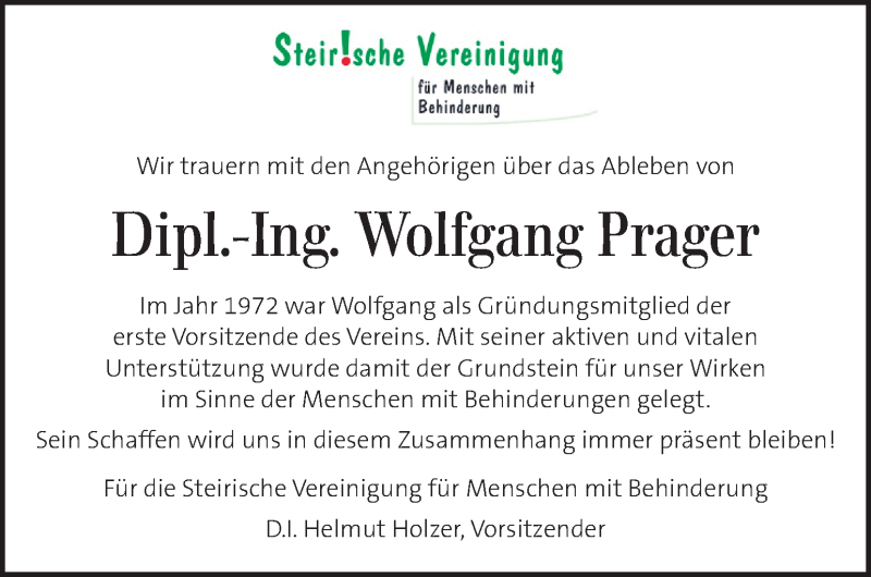  Traueranzeige für Wolfgang Prager vom 13.12.2019 aus Kleine Zeitung