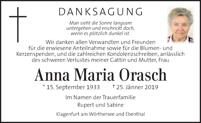  Traueranzeige für Anna Maria Orasch vom 24.02.2019 aus Kleine Zeitung