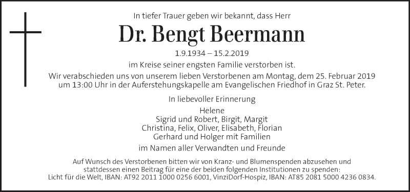  Traueranzeige für Bengt Beermann  vom 21.02.2019 aus Kleine Zeitung