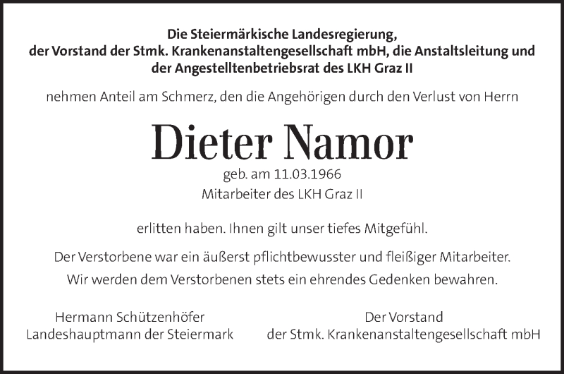  Traueranzeige für Dieter Namor vom 07.02.2019 aus Kleine Zeitung