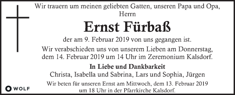  Traueranzeige für Ernst Fürbaß vom 12.02.2019 aus Kleine Zeitung
