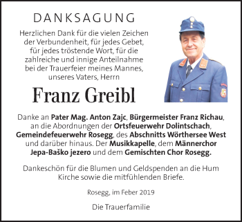 Traueranzeige von Franz Greibl von Kleine Zeitung
