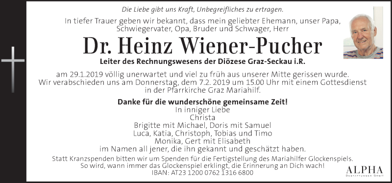  Traueranzeige für Heinz Wiener-Pucher vom 03.02.2019 aus Kleine Zeitung