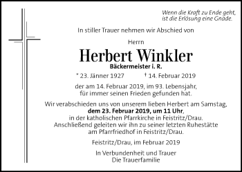 Traueranzeige von Herbert Winkler von Kleine Zeitung
