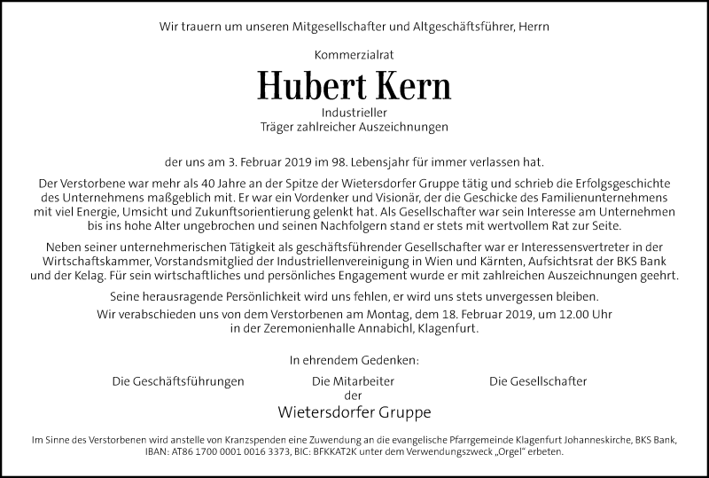  Traueranzeige für Hubert Kern vom 09.02.2019 aus Kleine Zeitung