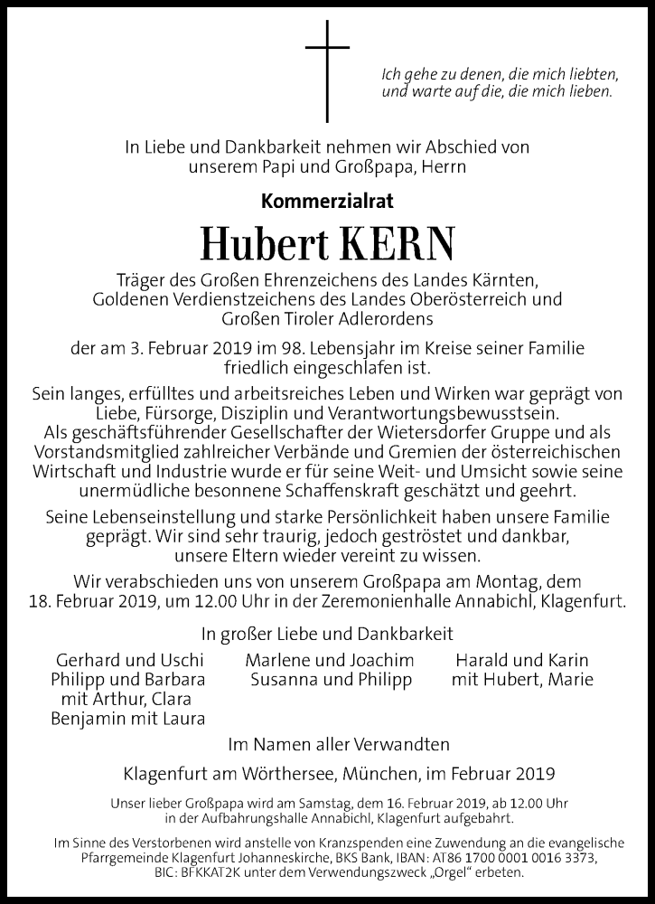  Traueranzeige für Hubert Kern vom 08.02.2019 aus Kleine Zeitung