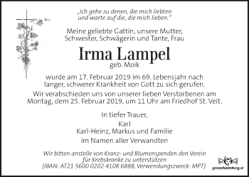 Traueranzeige von Irma Lampel von Kleine Zeitung