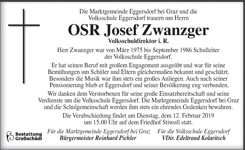 Traueranzeige für Josef Zwanzger vom 09.02.2019 aus Kleine Zeitung