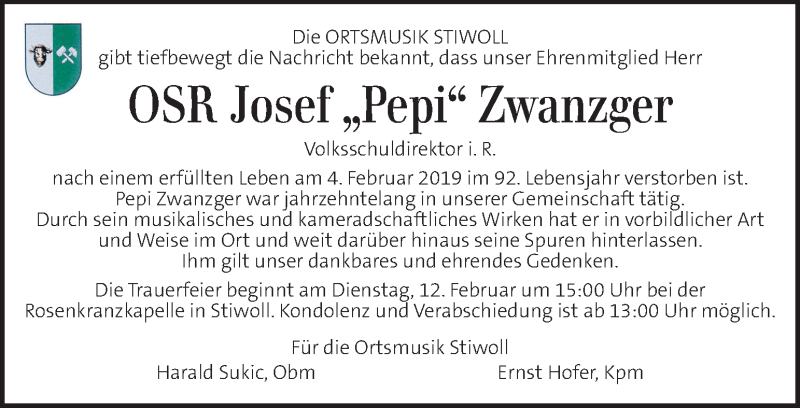  Traueranzeige für Josef Zwanzger vom 09.02.2019 aus Kleine Zeitung