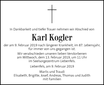 Traueranzeige von Karl Kogler von Kleine Zeitung