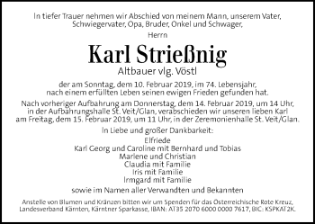 Traueranzeige von Karl Strießnig von Kleine Zeitung