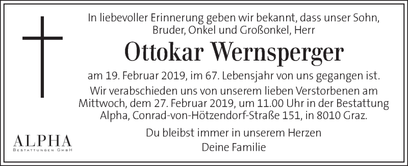  Traueranzeige für Ottokar Wernsperger vom 23.02.2019 aus Kleine Zeitung