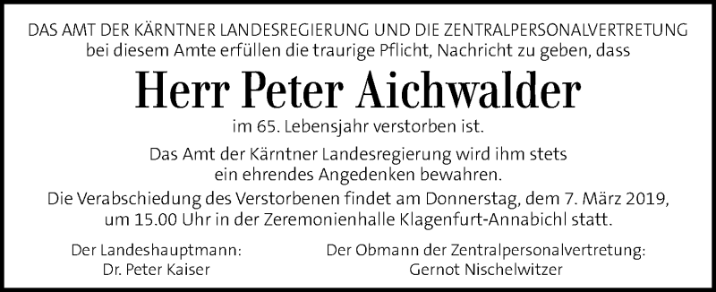  Traueranzeige für Peter Aichwalder vom 28.02.2019 aus Kleine Zeitung