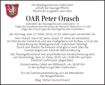 Traueranzeige von Peter Orasch von Kleine Zeitung