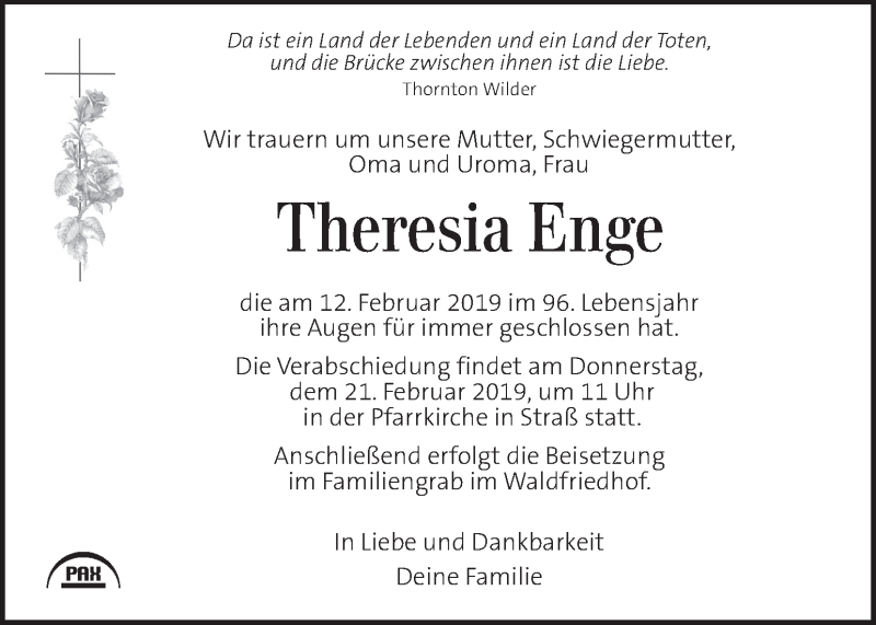  Traueranzeige für Theresia Enge vom 17.02.2019 aus Kleine Zeitung