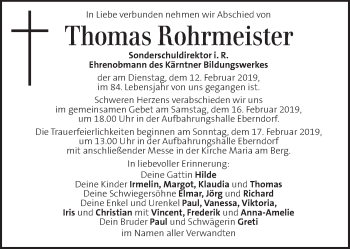 Traueranzeige von Thomas Rohrmeister von Kleine Zeitung