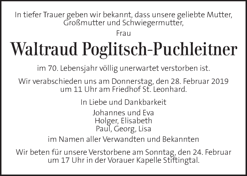  Traueranzeige für Waltraud Poglitsch-Puchleitner vom 22.02.2019 aus Kleine Zeitung