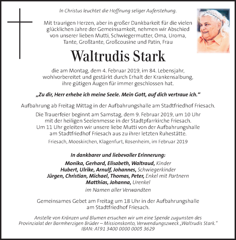  Traueranzeige für Waltrudis Stark vom 07.02.2019 aus Kleine Zeitung