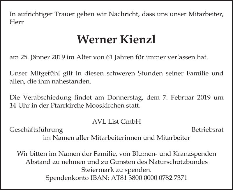  Traueranzeige für Werner Kienzl vom 05.02.2019 aus Kleine Zeitung