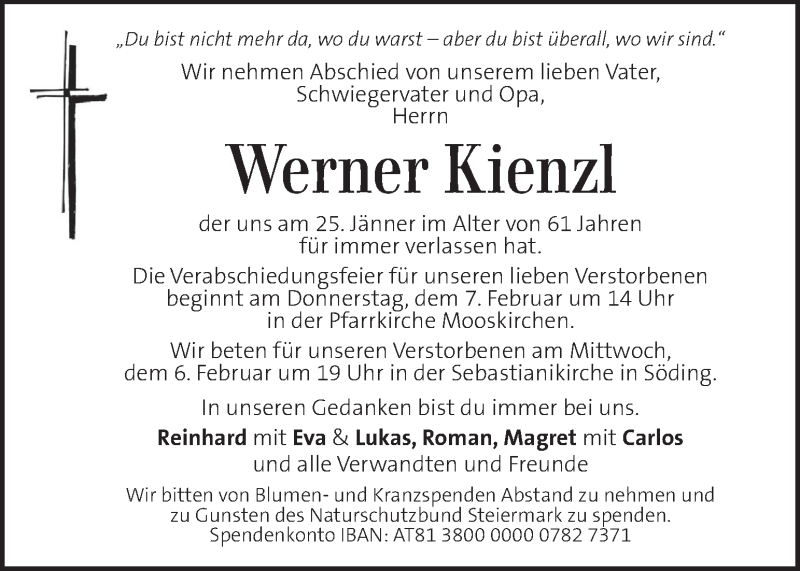  Traueranzeige für Werner Kienzl vom 03.02.2019 aus Kleine Zeitung