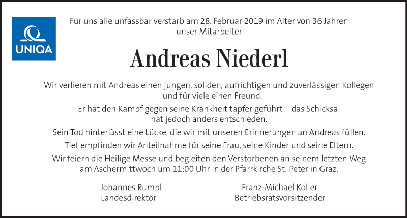  Traueranzeige für Andreas Niederl vom 05.03.2019 aus Kleine Zeitung