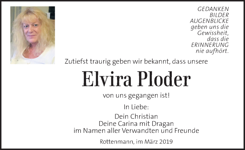 Traueranzeige für Elvira Ploder vom 23.03.2019 aus Kleine Zeitung