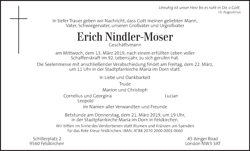  Traueranzeige für Erich Nindler-Moser vom 19.03.2019 aus Kleine Zeitung