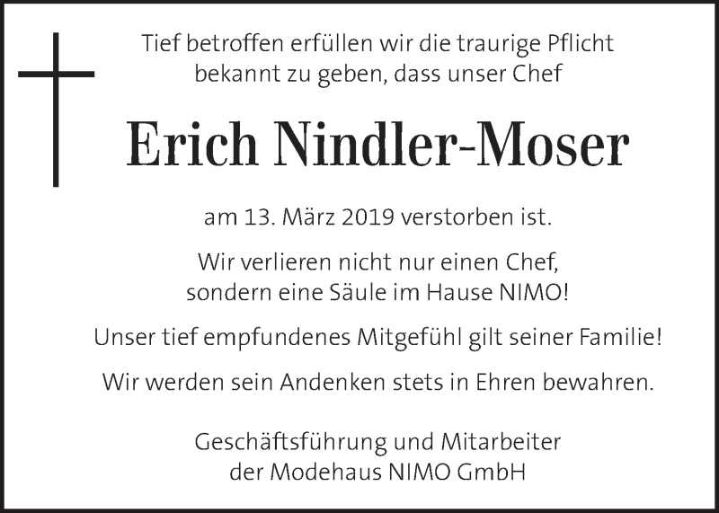  Traueranzeige für Erich Nindler-Moser vom 19.03.2019 aus Kleine Zeitung