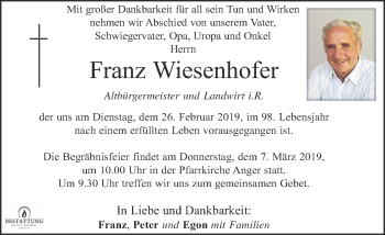 Traueranzeige von Franz Wiesenhofer von Kleine Zeitung
