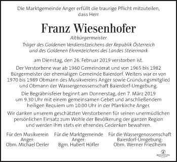 Traueranzeige von Franz Wiesenhofer von Kleine Zeitung