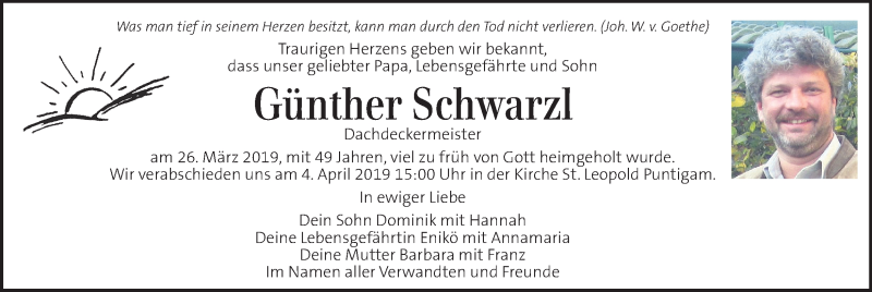  Traueranzeige für Günther Schwarzl vom 30.03.2019 aus Kleine Zeitung
