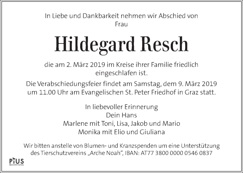 Traueranzeigen Von Hildegard Resch | Trauer.kleinezeitung.at