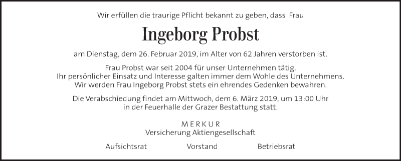  Traueranzeige für Ingeborg Probst vom 02.03.2019 aus Kleine Zeitung