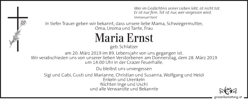  Traueranzeige für Maria Ernst vom 24.03.2019 aus Kleine Zeitung
