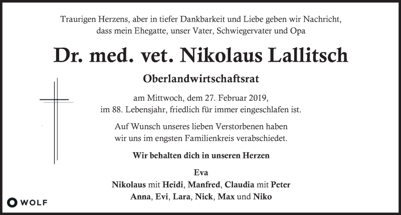  Traueranzeige für Nikolaus Lallitsch vom 08.03.2019 aus Kleine Zeitung
