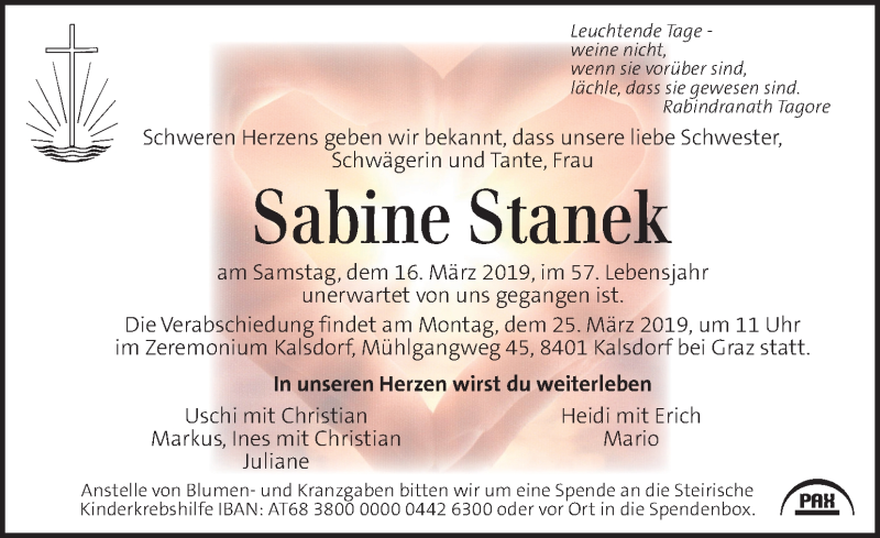 Traueranzeige für Sabine Stanek vom 22.03.2019 aus Kleine Zeitung