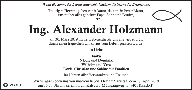  Traueranzeige für Alexander Holzmann vom 18.04.2019 aus Kleine Zeitung