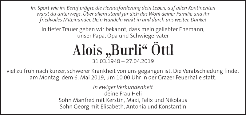  Traueranzeige für Alois Öttl vom 01.05.2019 aus Kleine Zeitung