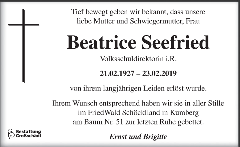  Traueranzeige für Beatrice Seefried vom 14.04.2019 aus Kleine Zeitung