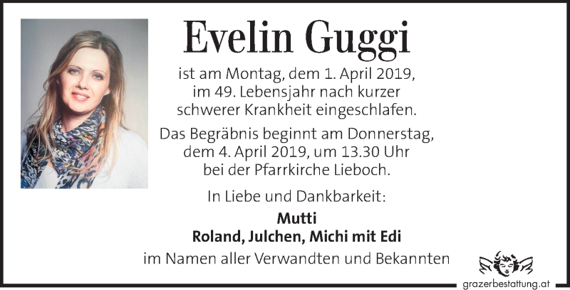  Traueranzeige für Evelin Guggi vom 03.04.2019 aus Kleine Zeitung