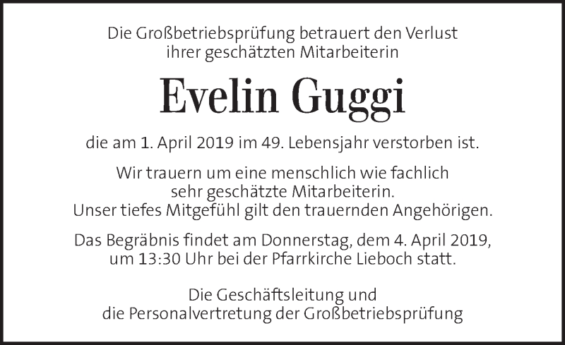  Traueranzeige für Evelin Guggi vom 04.04.2019 aus Kleine Zeitung